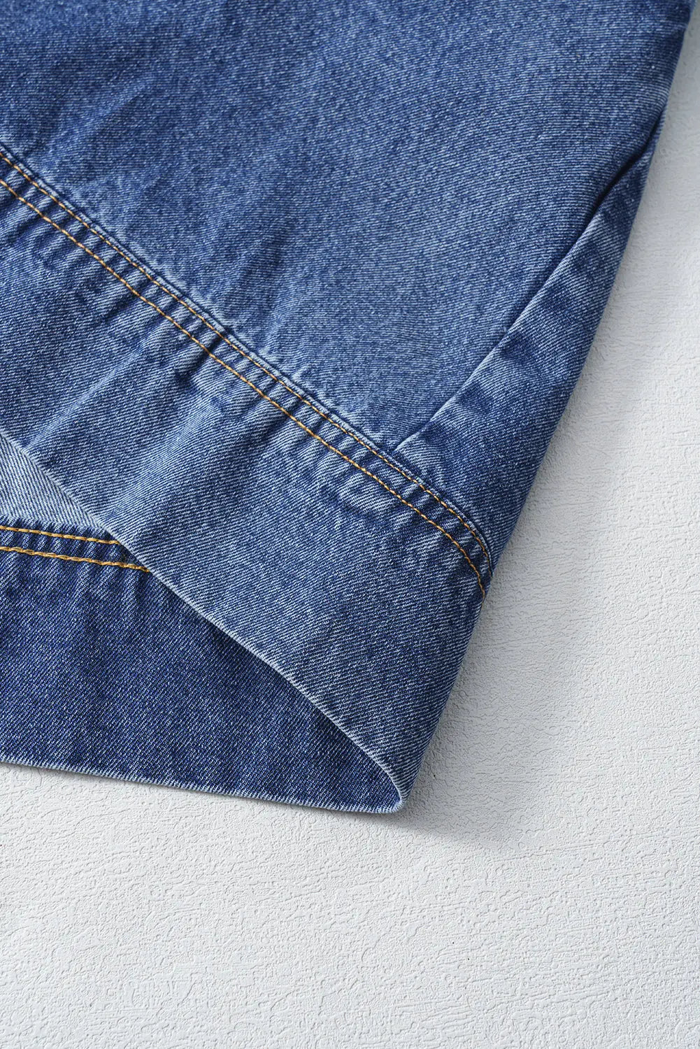 Blue Short Sleeve Collared Patched Pocket Denim Mini Dress Markonline