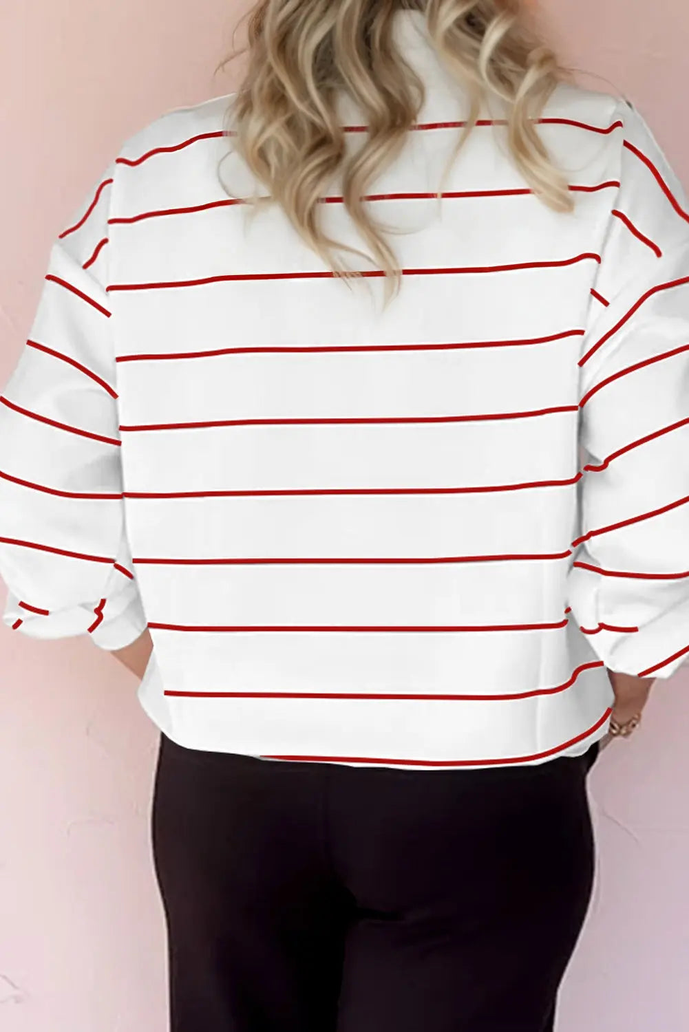 Fiery Red Zip V Neck Casual Stripe Print Drop Shoulder Long Sleeve Top