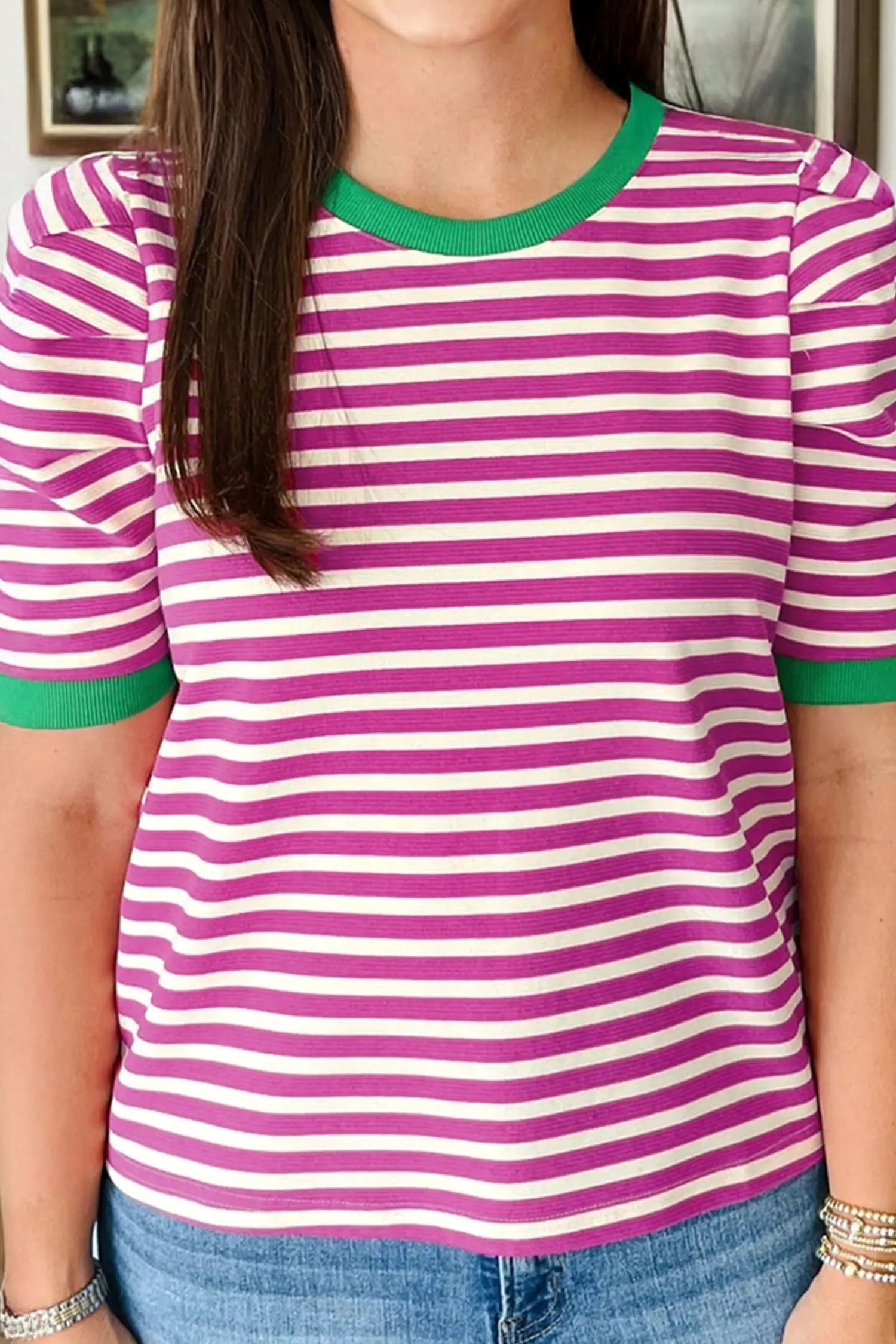 Rose Stripe Short Puff Sleeve Contrast Trim Round Neck Tee Markonline