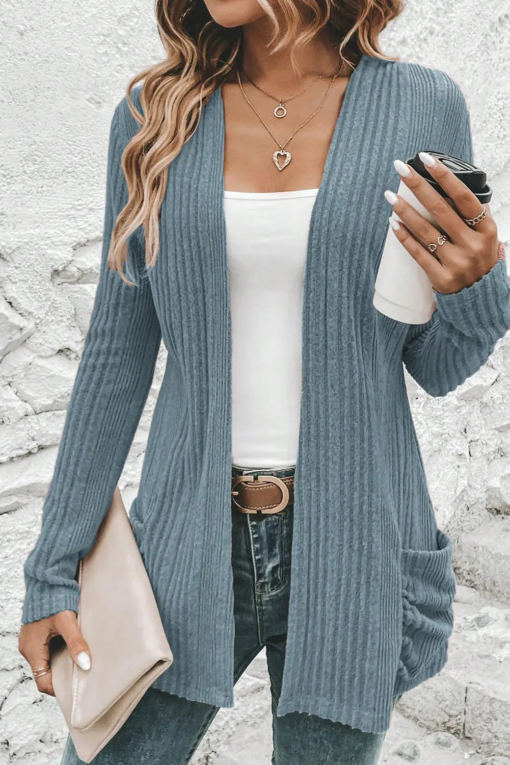 Stone Blue Ribbed Open Front Knitted Top with Pockets Dear-Lover Dropshipping