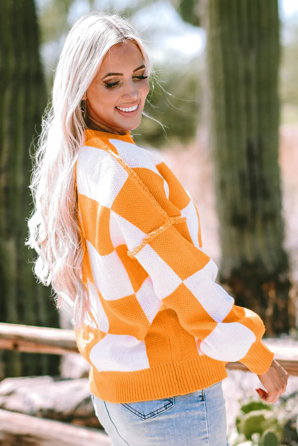 Orange Checkered Bishop Sleeve Sweater Dear-Lover Dropshipping