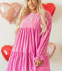 Strawberry Pink Flounce Sleeve Tiered Ruffled Velvet Mini Dress Markonline