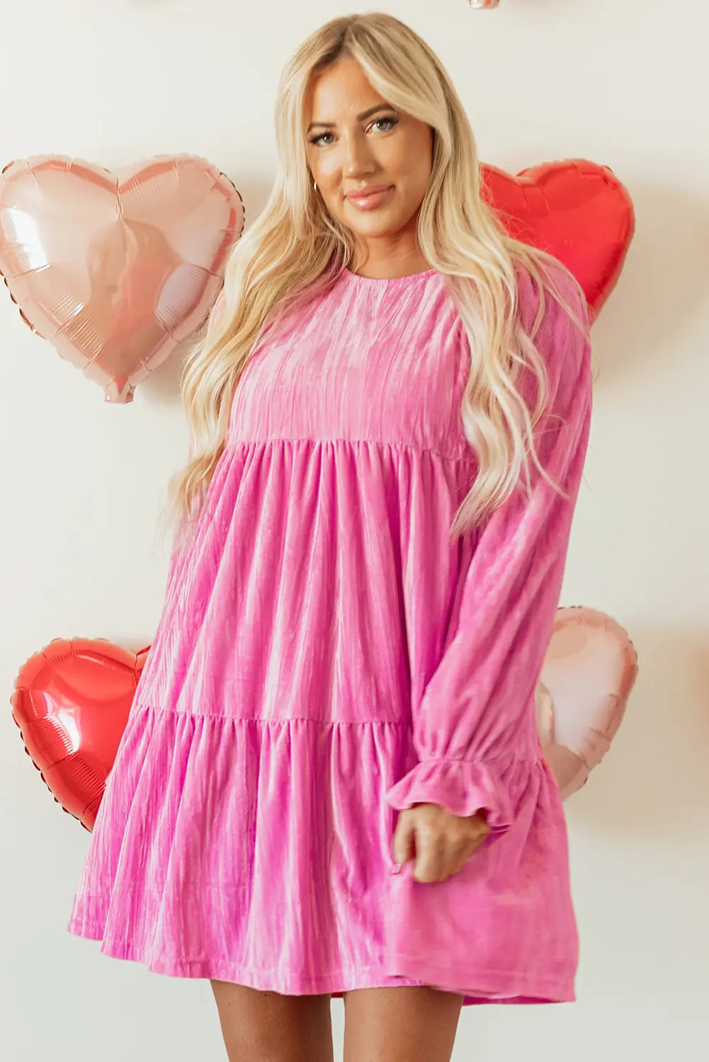 Strawberry Pink Flounce Sleeve Tiered Ruffled Velvet Mini Dress Markonline