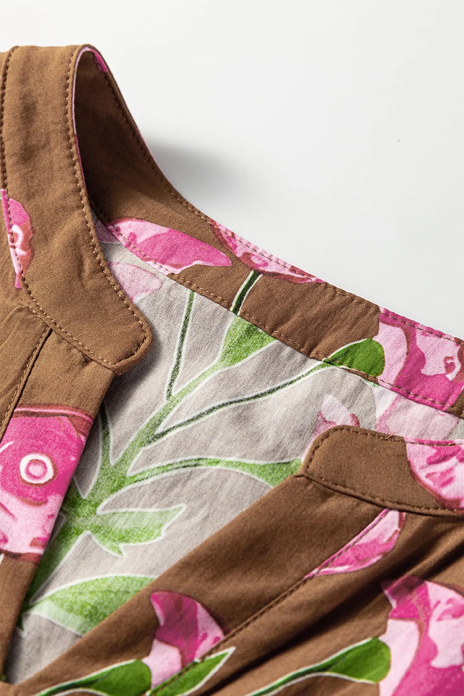 Brown Contrast Floral Print Babydoll Tunic Ruffled Hem Puff Sleeve Dress Markonline