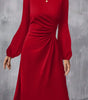 Fiery Red Solid Color Ruched Detail Long Sleeve Midi Dress Markonline