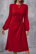Fiery Red Solid Color Ruched Detail Long Sleeve Midi Dress Markonline