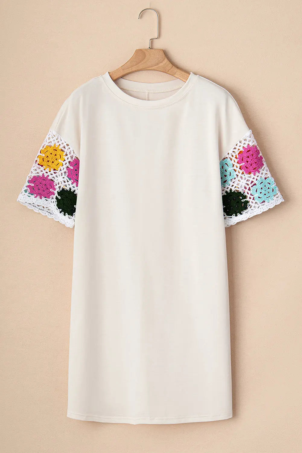 White Floral Crochet Splicing Sleeve T Shirt Dress Markonline