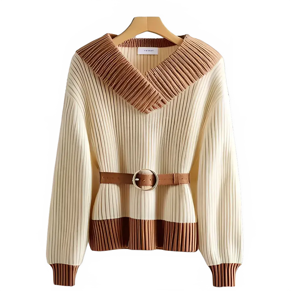 New Korean High-end V Neck Knitted Sweater Women Pullover Spring Autumn Long Sleeve Patchwork Knitwear Loose Jumper Sweater Tops