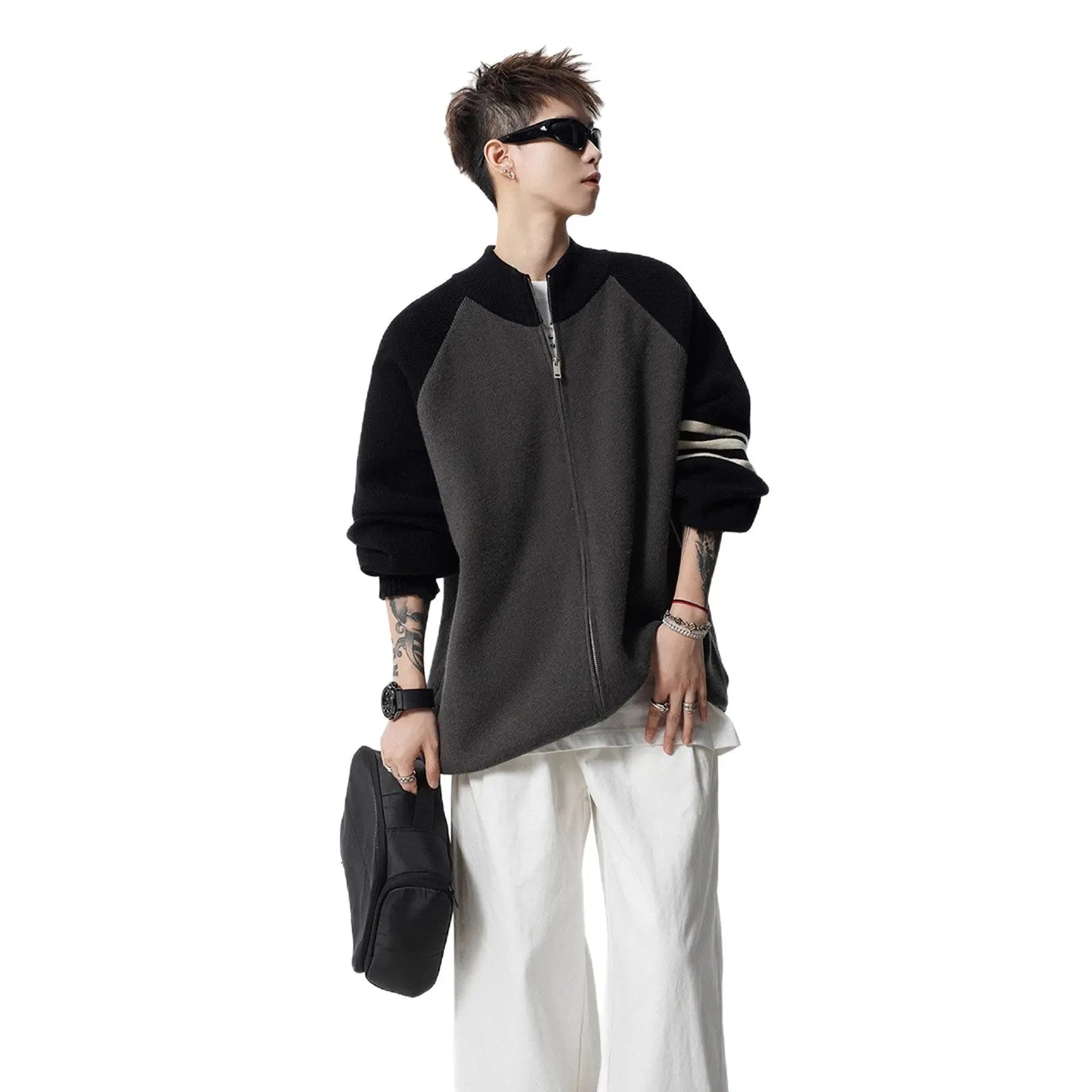 Stand Collar Two-Tone Jacket Men Autumn Street Style Stripe Casual Knitwear Vibe High Street Versatile Sweater Coat eprolo