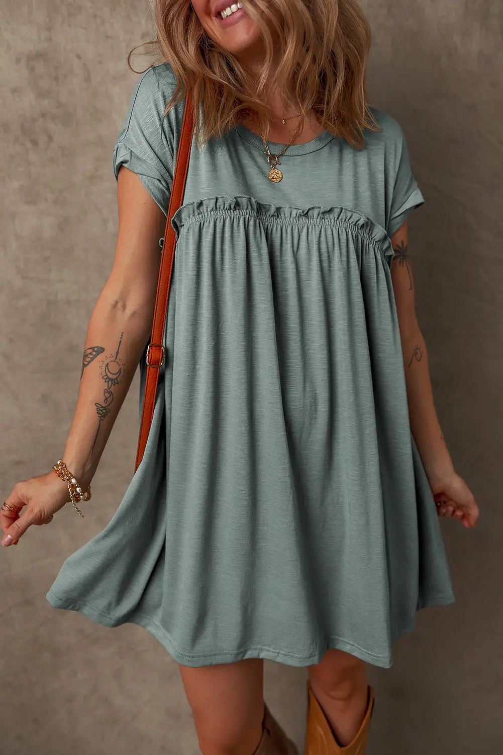 Mist Green Frilled Gathered Seam Round Neck T Shirt Dress Markonline