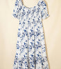 Sky Blue Smocked Bodice Short Puff Sleeve Tiered Floral Midi Dress Markonline