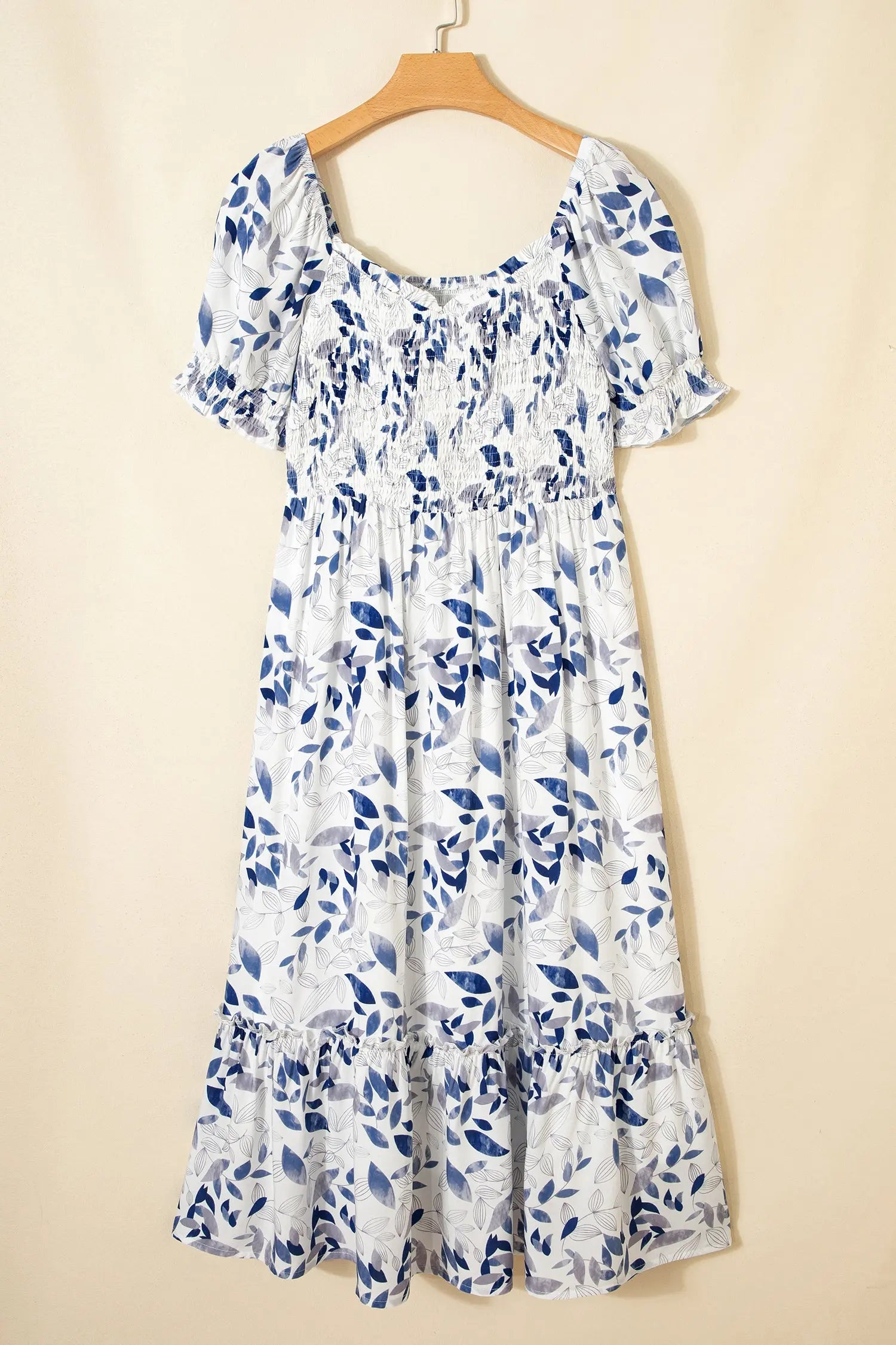 Sky Blue Smocked Bodice Short Puff Sleeve Tiered Floral Midi Dress Markonline