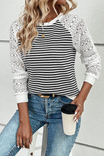 Black Stripe Textured Knit Contrast Hollowed Lace Patchwork Long Sleeve Top Dear-Lover Dropshipping