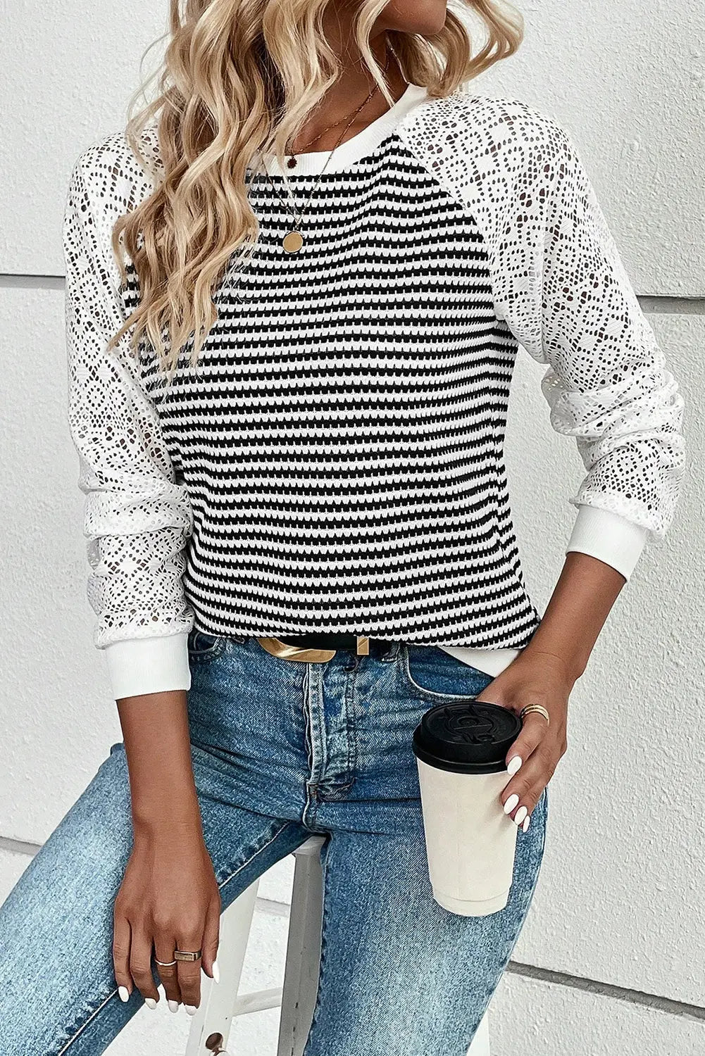 Black Stripe Textured Knit Contrast Hollowed Lace Patchwork Long Sleeve Top Dear-Lover Dropshipping