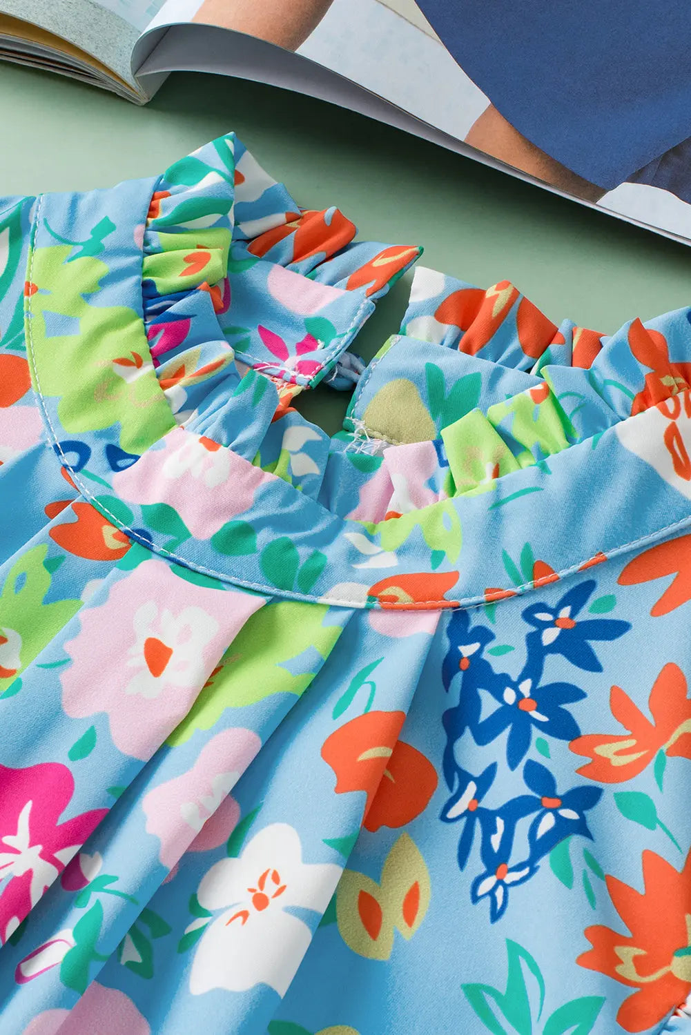 Sky Blue Frilled Collar Floral Vest Dear-Lover Dropshipping