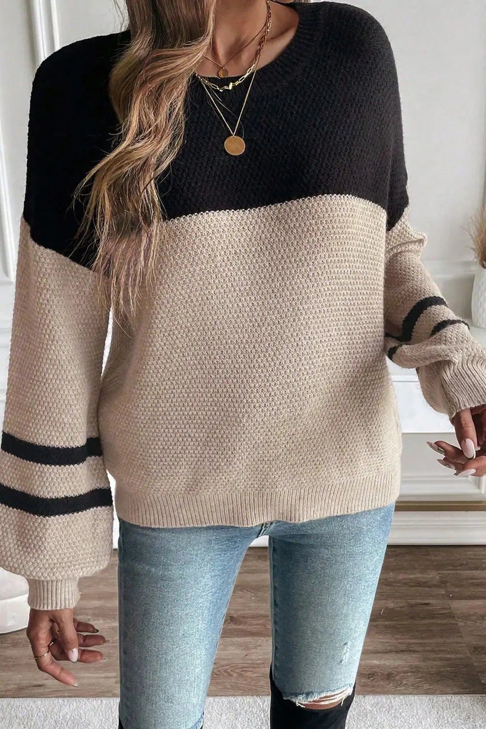 Parchment Color Block Knit Striped Sleeve Detail Casual Sweater Dear-Lover Dropshipping