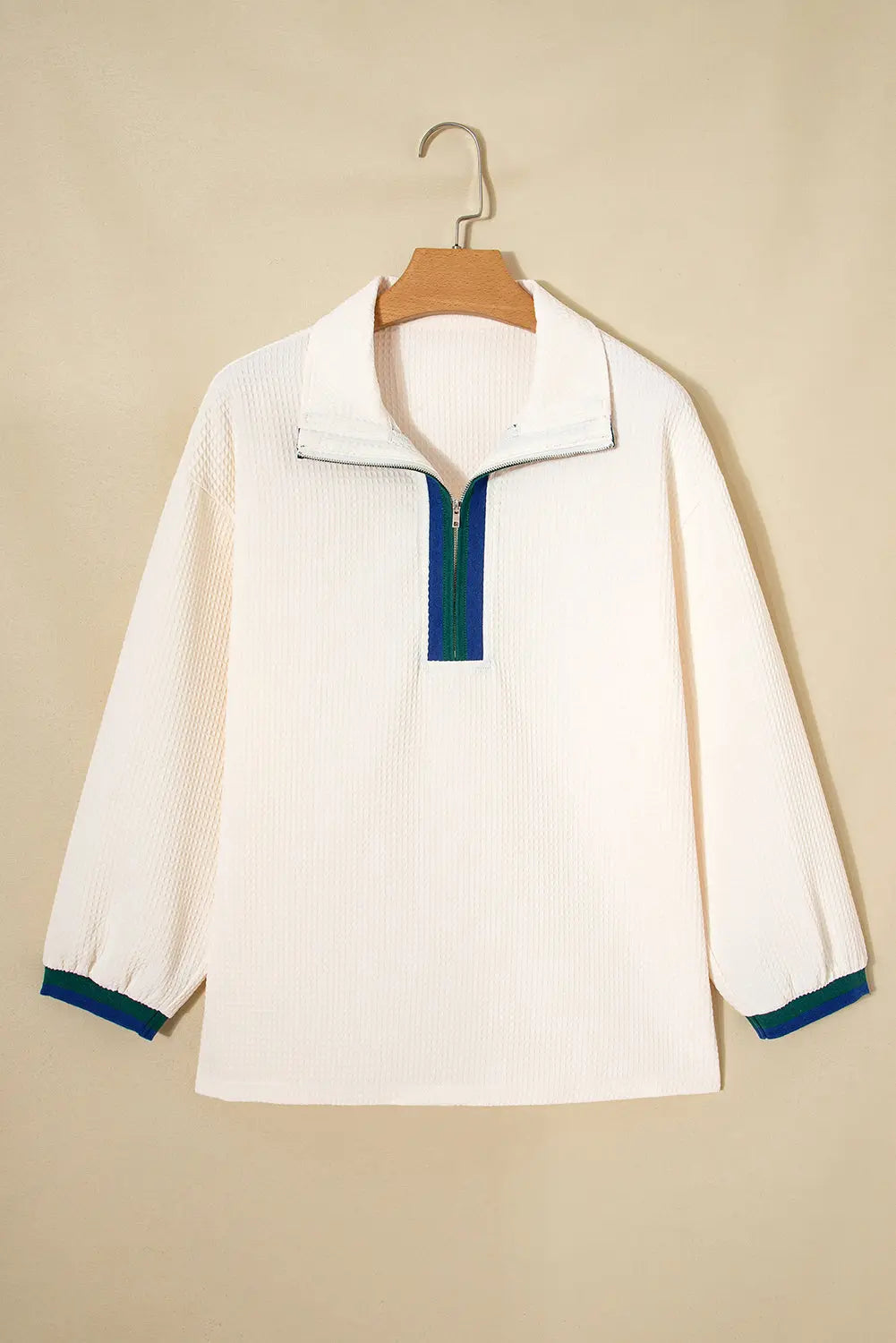 White Waffle Textured Contrast Polo Neck Zip up Jumper Dear-Lover Dropshipping