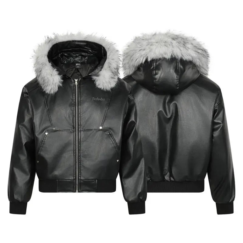 Street Retro Detachable Fur Collar Hooded PU Leather Parka Coat for Men and Women, Loose Oversized Design, Unique Style Winter Jacket Markonline