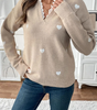 Smoke Gray Heart Print Lace Splicing V Neck Valentines Sweater Dear-Lover Dropshipping