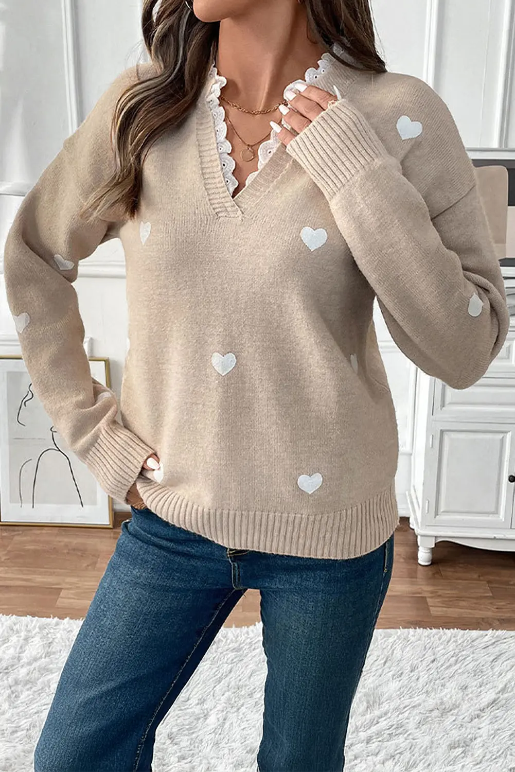 Smoke Gray Heart Print Lace Splicing V Neck Valentines Sweater Dear-Lover Dropshipping