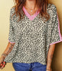 White Contrast V Neck Varsity Short Sleeve Leopard Top Markonline