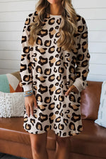 Khaki Leopard Long Sleeve Shift T Shirt Dress with Pockets Markonline