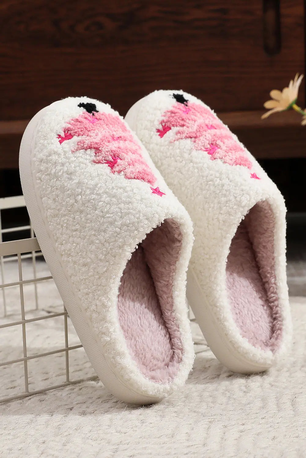 White Plush Christmas Tree Color Contrasted Liner House Slippers Markonline