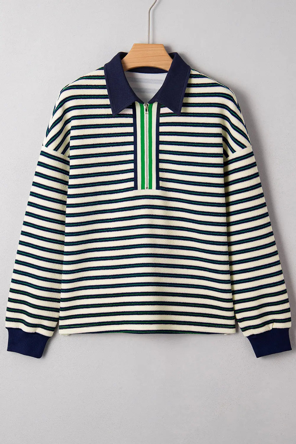 Navy Blue Striped Print Contrast Collar Zip V Neck Long Sleeve Top Dear-Lover Dropshipping