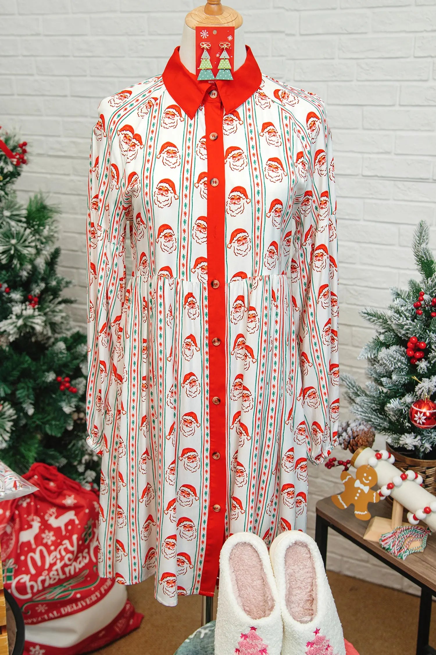 White Father Christmas Contrast Collar Button Front Long Sleeve A-line Mini Dress Markonline