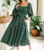 Green Tartan Plaid Square Neck Puff Sleeve Knot Waist Flared Midi Dress Markonline