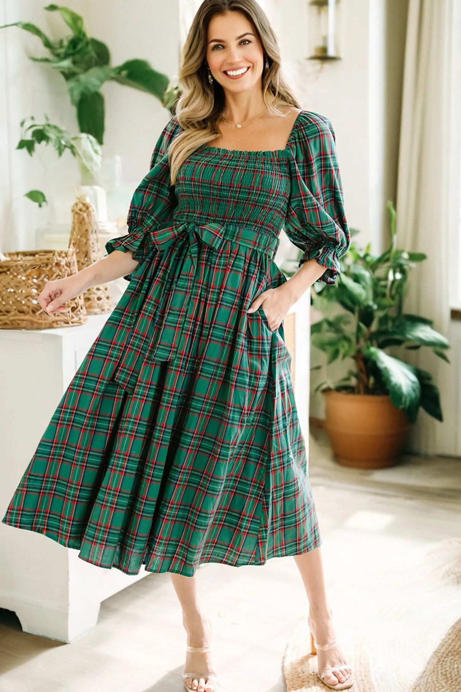 Green Tartan Plaid Square Neck Puff Sleeve Knot Waist Flared Midi Dress Markonline