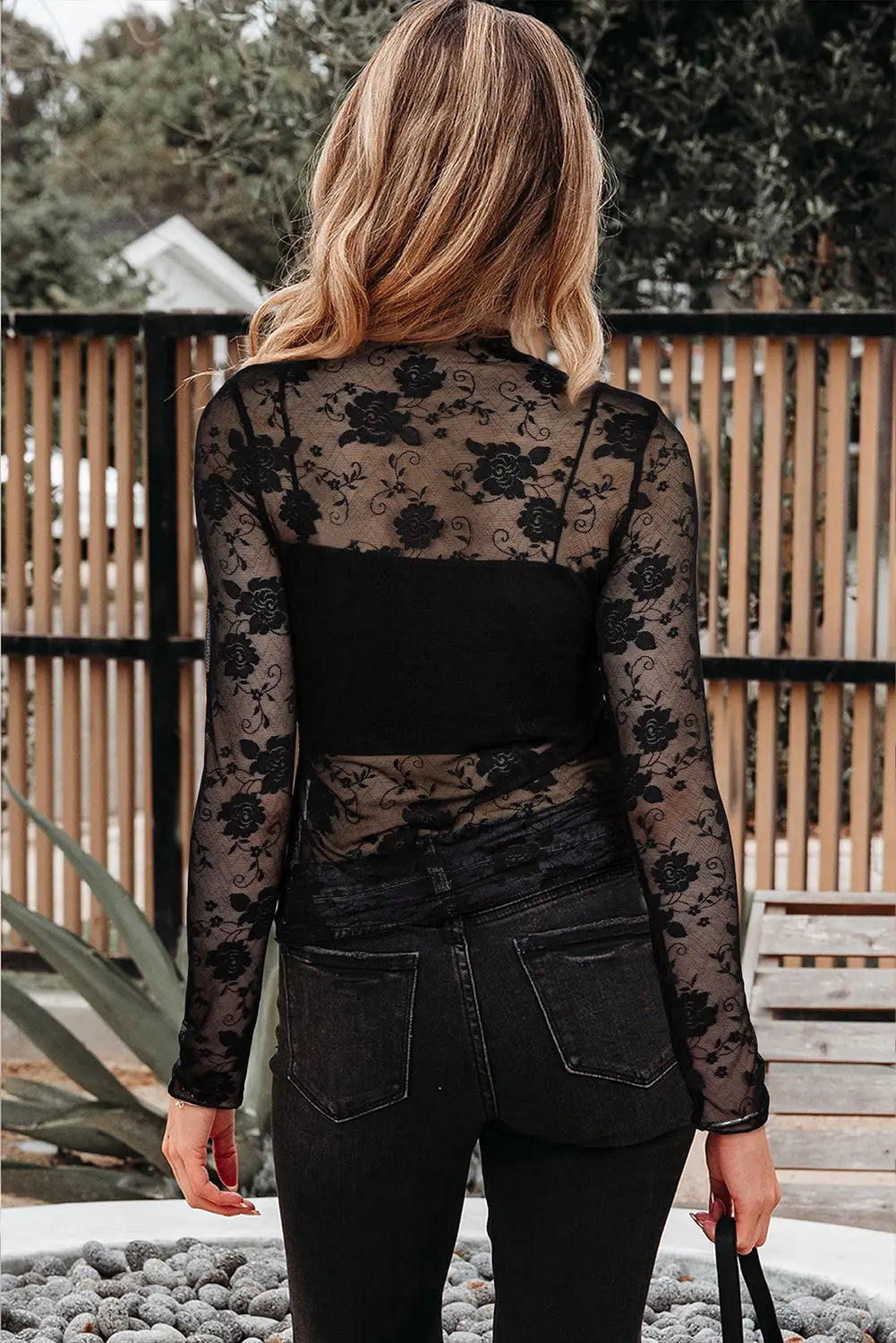 Black Sheer Floral Lace Mesh Mock Neck Long Sleeve Top Dear-Lover Dropshipping