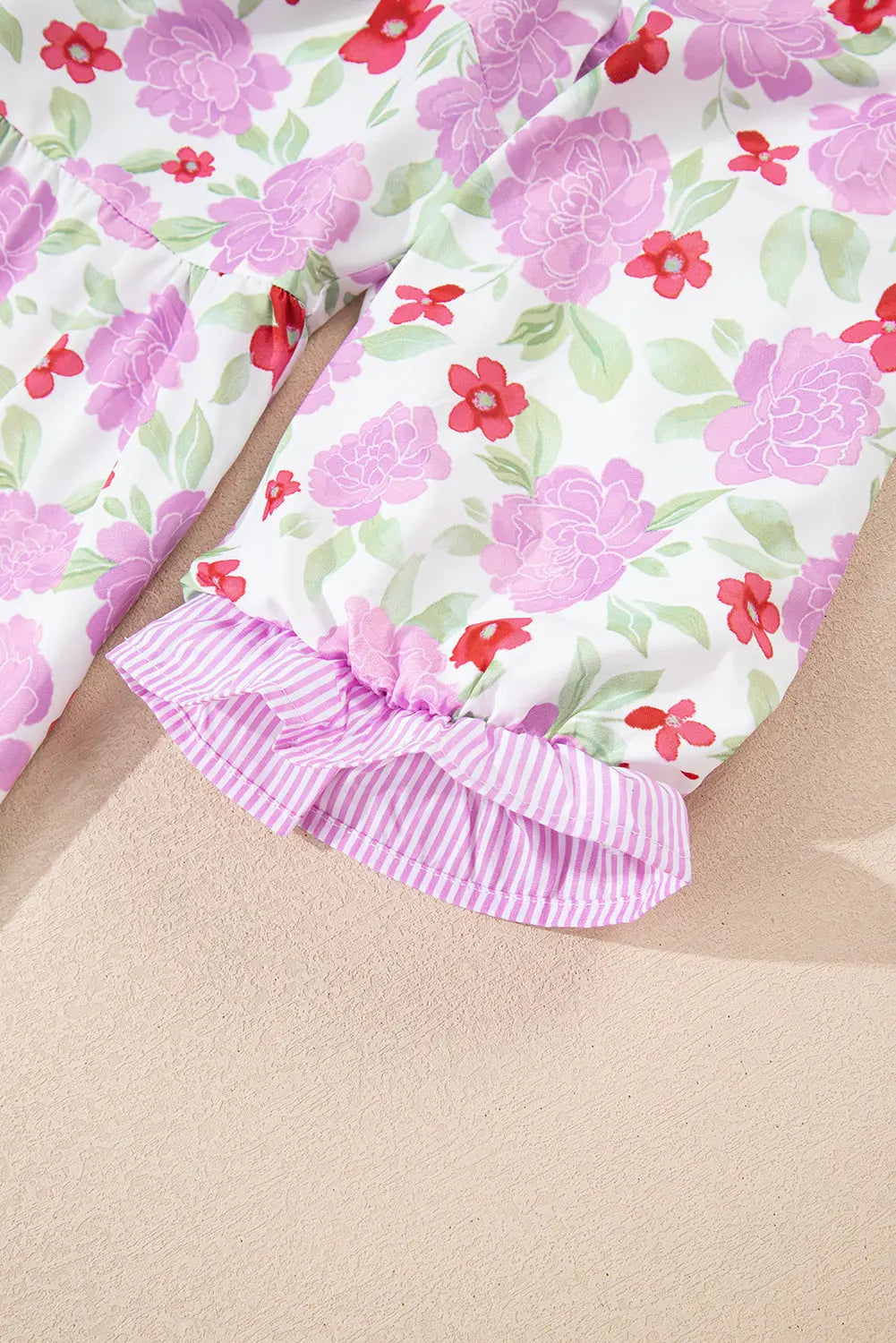 Pink Floral Print Striped Trim Frilled Neck 3/4 Sleeve Flared Mini Dress Markonline