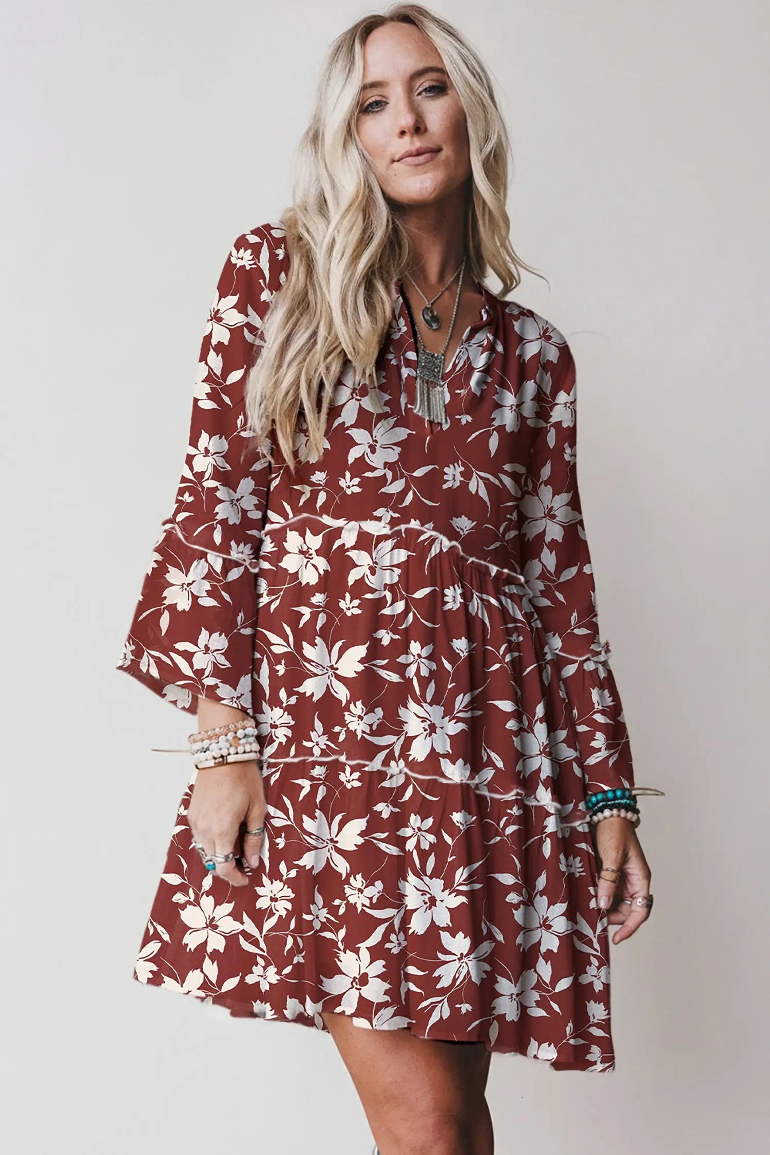 Red Boho Floral Print Lettuce Trim 3/4 Sleeve Mini Dress Markonline