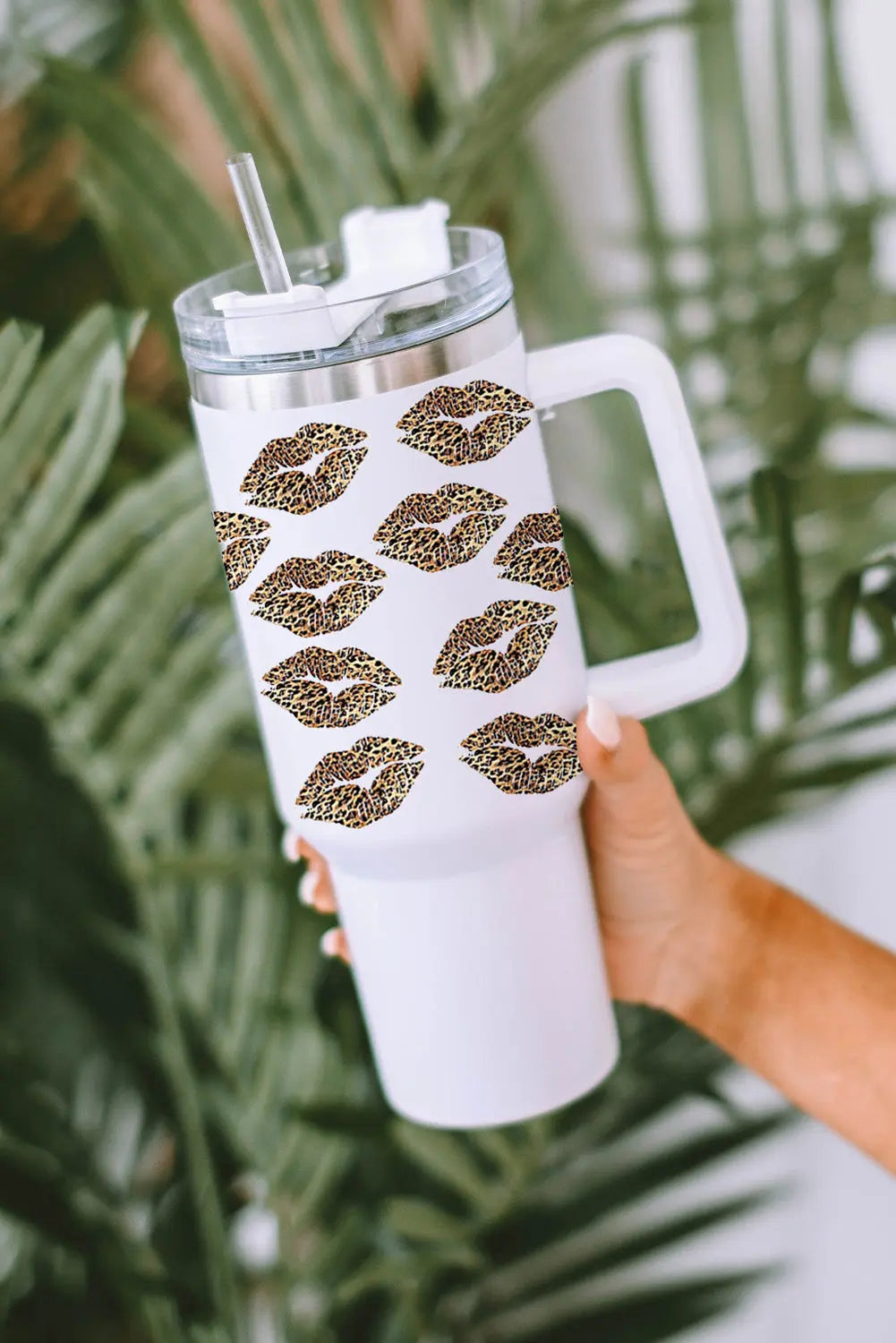 White Valentine Leopard Lips Print Thermos Cup with Straw 40oz Dear-Lover Dropshipping