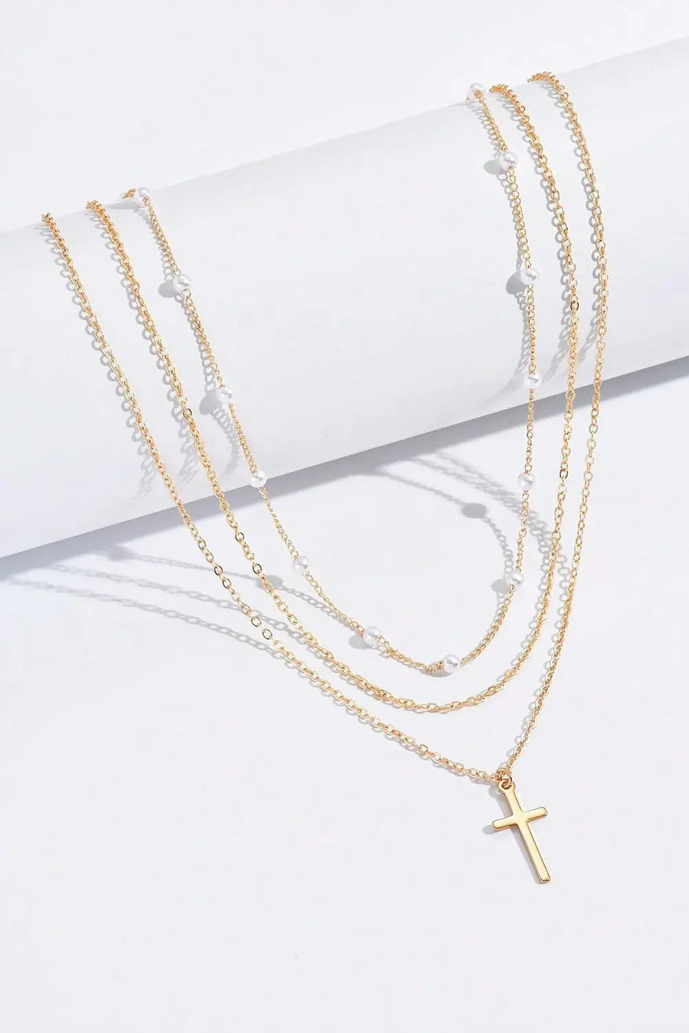 Gold Plated Cross Pendant Pearl Decor Triple Layer Chain Necklace Dear-Lover Dropshipping