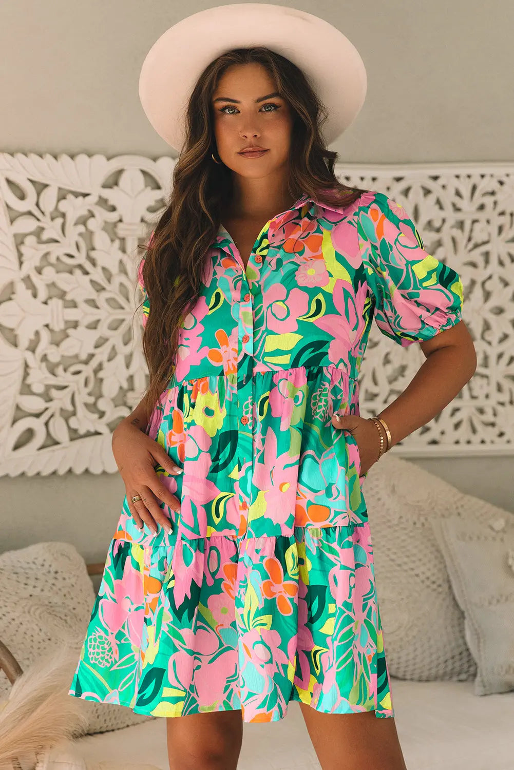 Green Floral Puff Sleeve Collar Buttoned Babydoll Dress Markonline