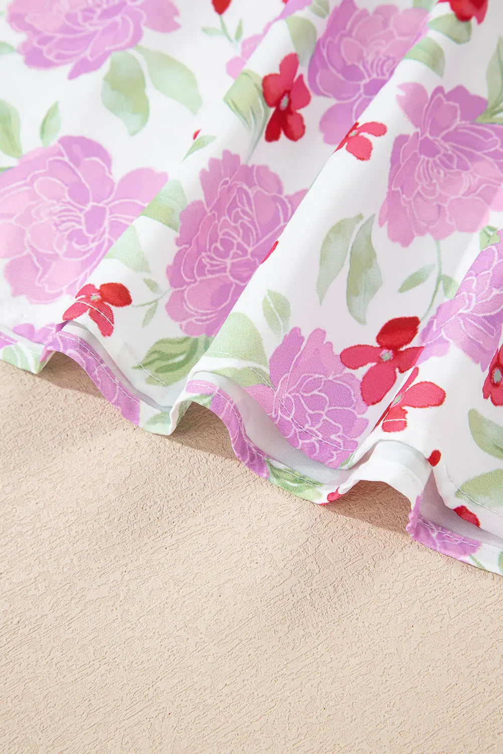 Pink Floral Print Striped Trim Frilled Neck 3/4 Sleeve Flared Mini Dress Markonline