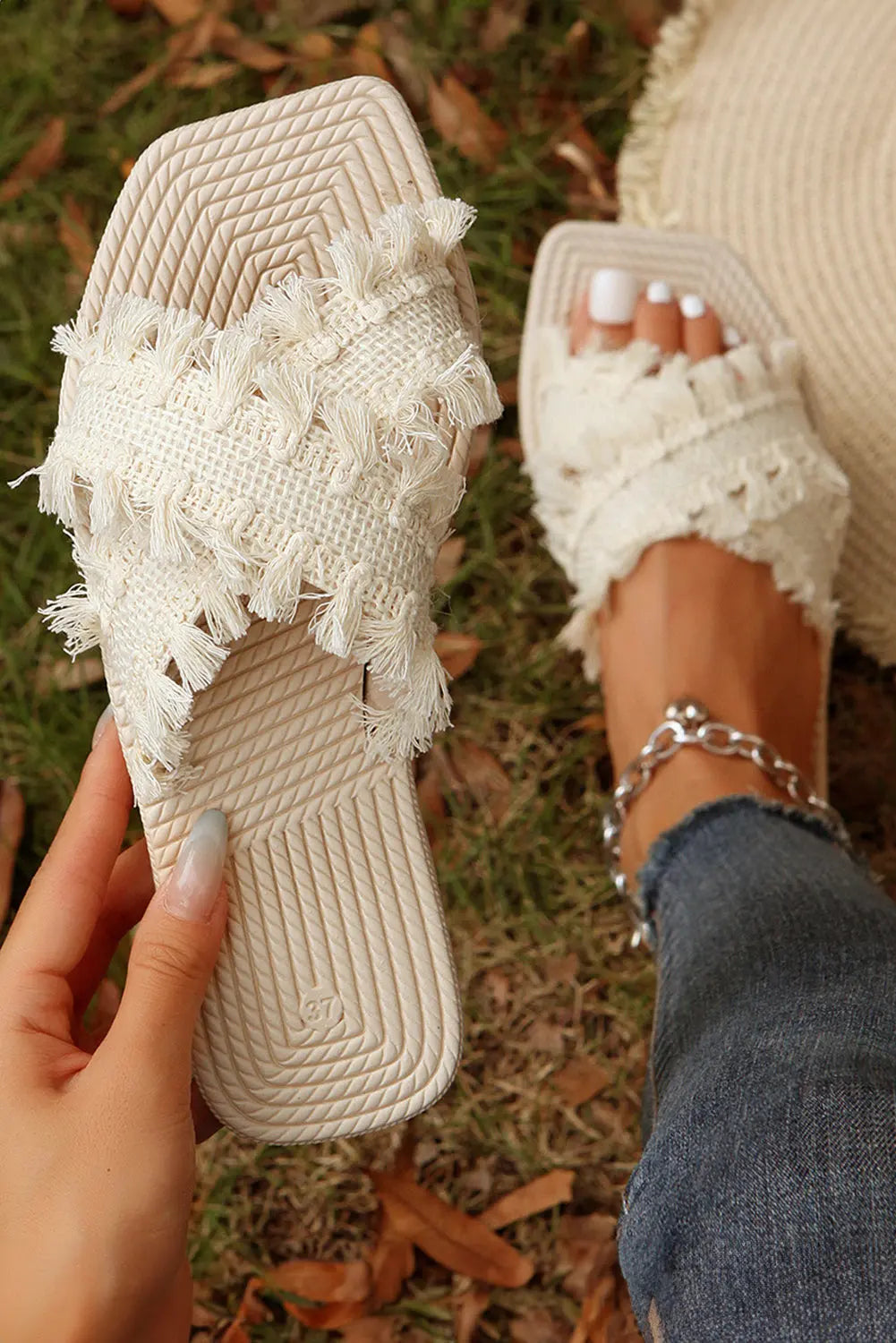 Beige Tassel Woven Crossed Straps Flat Slippers Dear-Lover Dropshipping