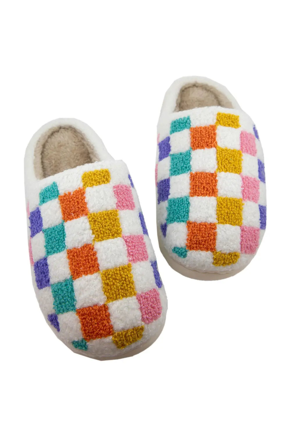 White Vibrant Checkered Plush Thermal Slippers Markonline