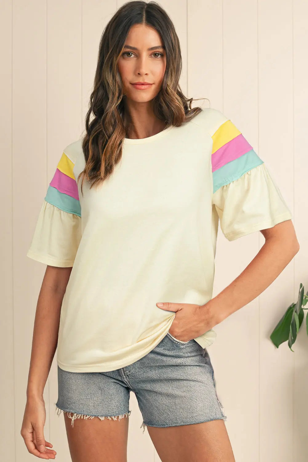 White Color Block Stitched Sleeve Loose T Shirt Markonline