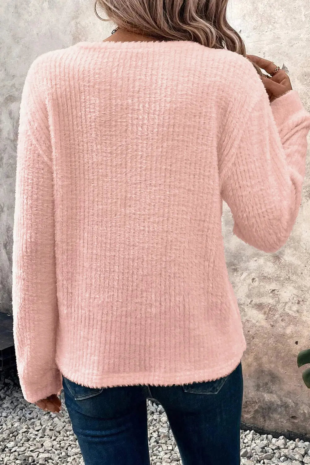 Light Pink Fuzzy Ribbed Texture Round Neck Long Sleeve Top Markonline