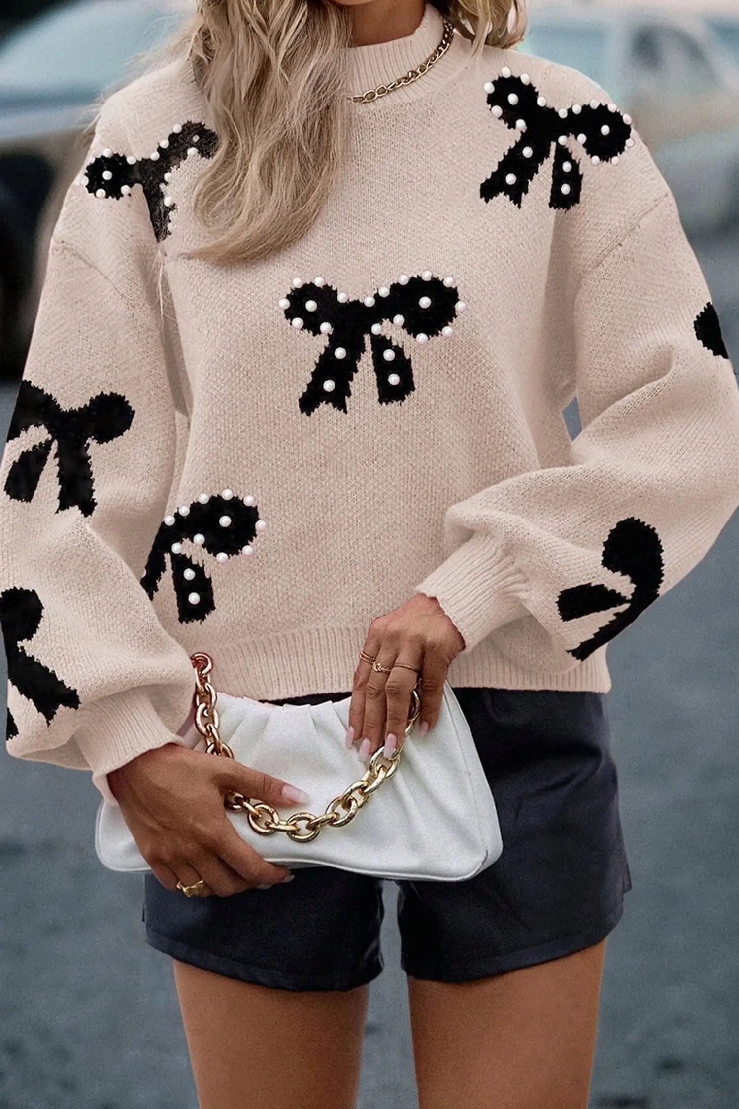 Smoke Gray Pearl Embellished Bow Pattern Loose Sweater Dear-Lover Dropshipping