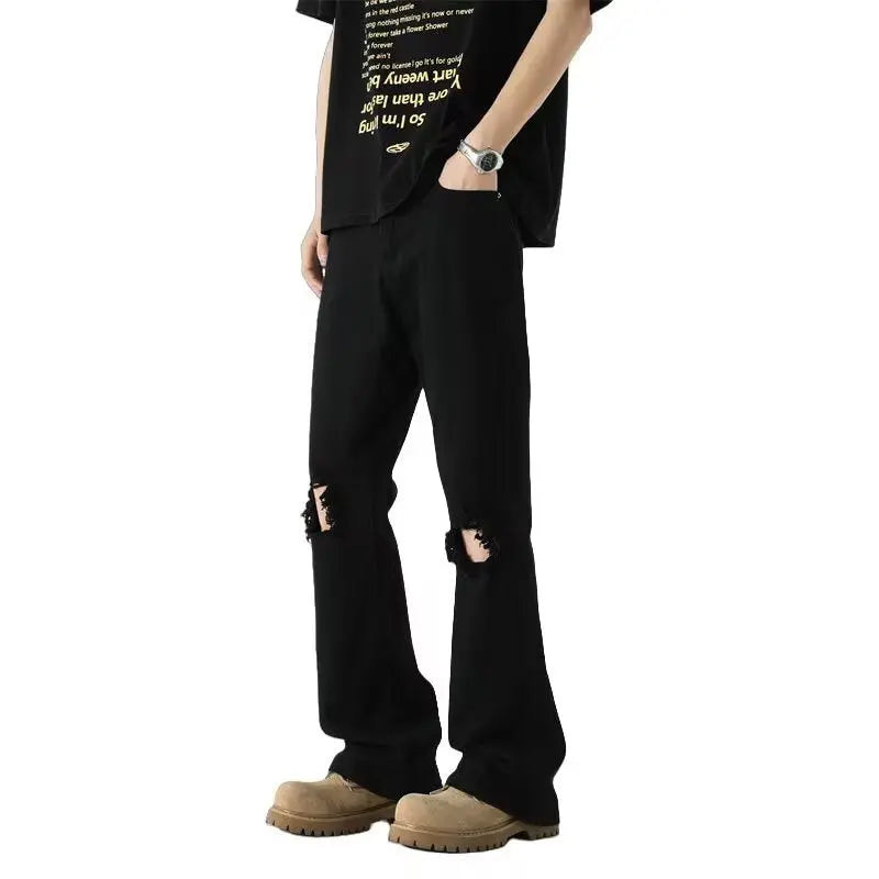 Micro flared knee hole denim pants for men Markonline