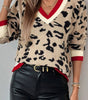 Khaki Leopard Pattern V-Neck Contrast Rib Knitted Sweater Dear-Lover Dropshipping