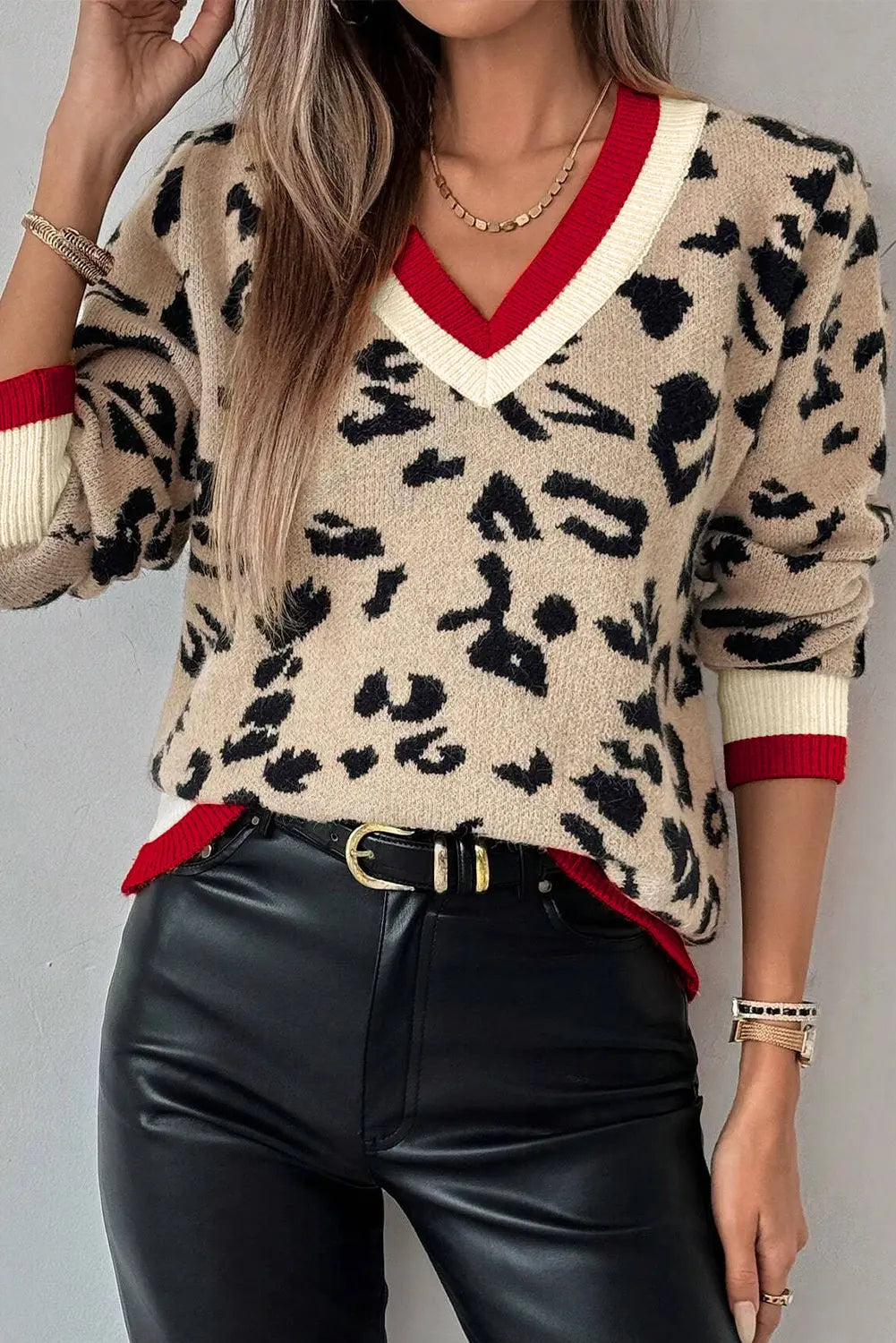 Khaki Leopard Pattern V-Neck Contrast Rib Knitted Sweater Dear-Lover Dropshipping