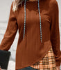 Chestnut Plaid Patchwork Ribbed Knit Drawstring Hooded Top Markonline