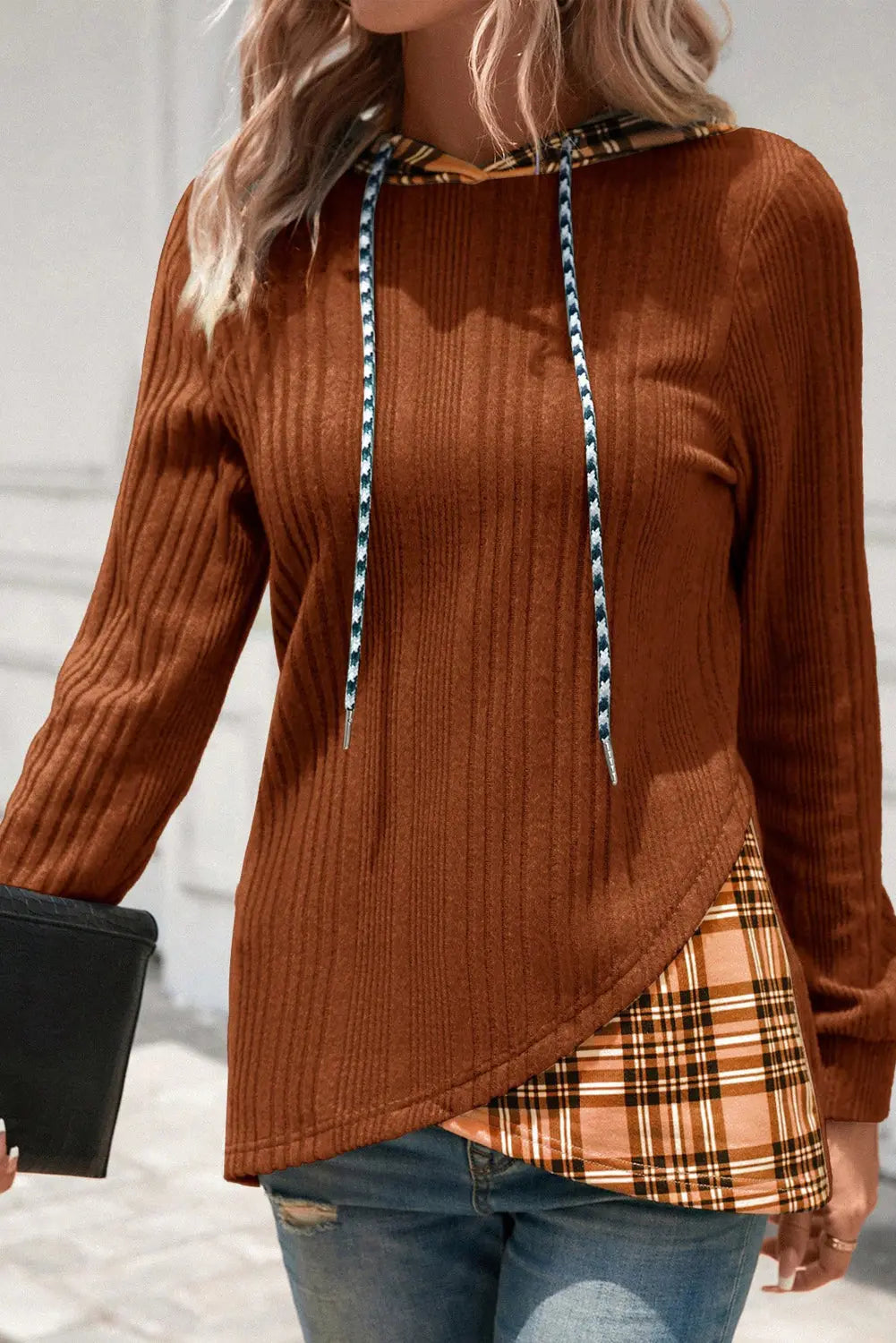 Chestnut Plaid Patchwork Ribbed Knit Drawstring Hooded Top Markonline