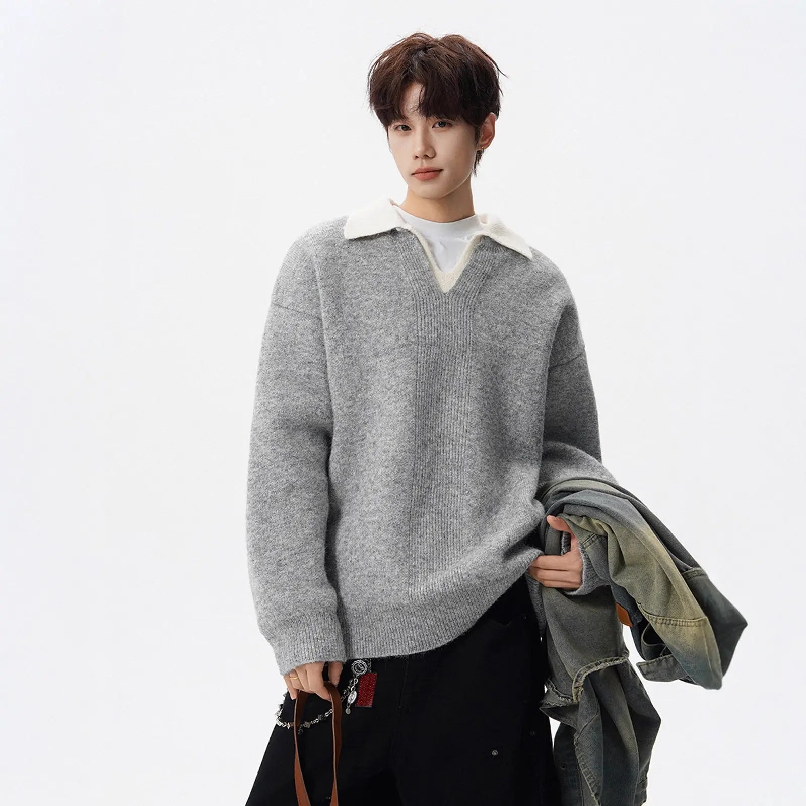 Heavyweight Casual Collar Knit Sweater for Men and Women, Winter Vintage Two-Tone Knitwear High-End Warm Couple's Base Layer Sweater