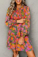 Multicolour Floral Print Long Sleeve Smocked Ruffled Mini Dress Markonline